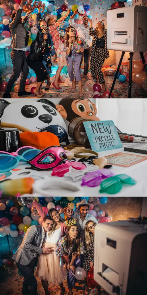 Hochzeitsgäste werfen Konfetti vor der Fotobox und feiern gemeinsam